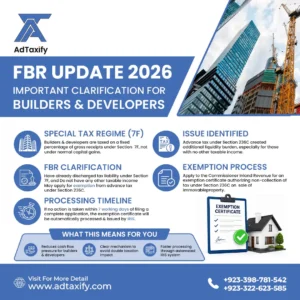 FBR tax update 2026 for builders and developers showing Section 7F and 236C exemption process