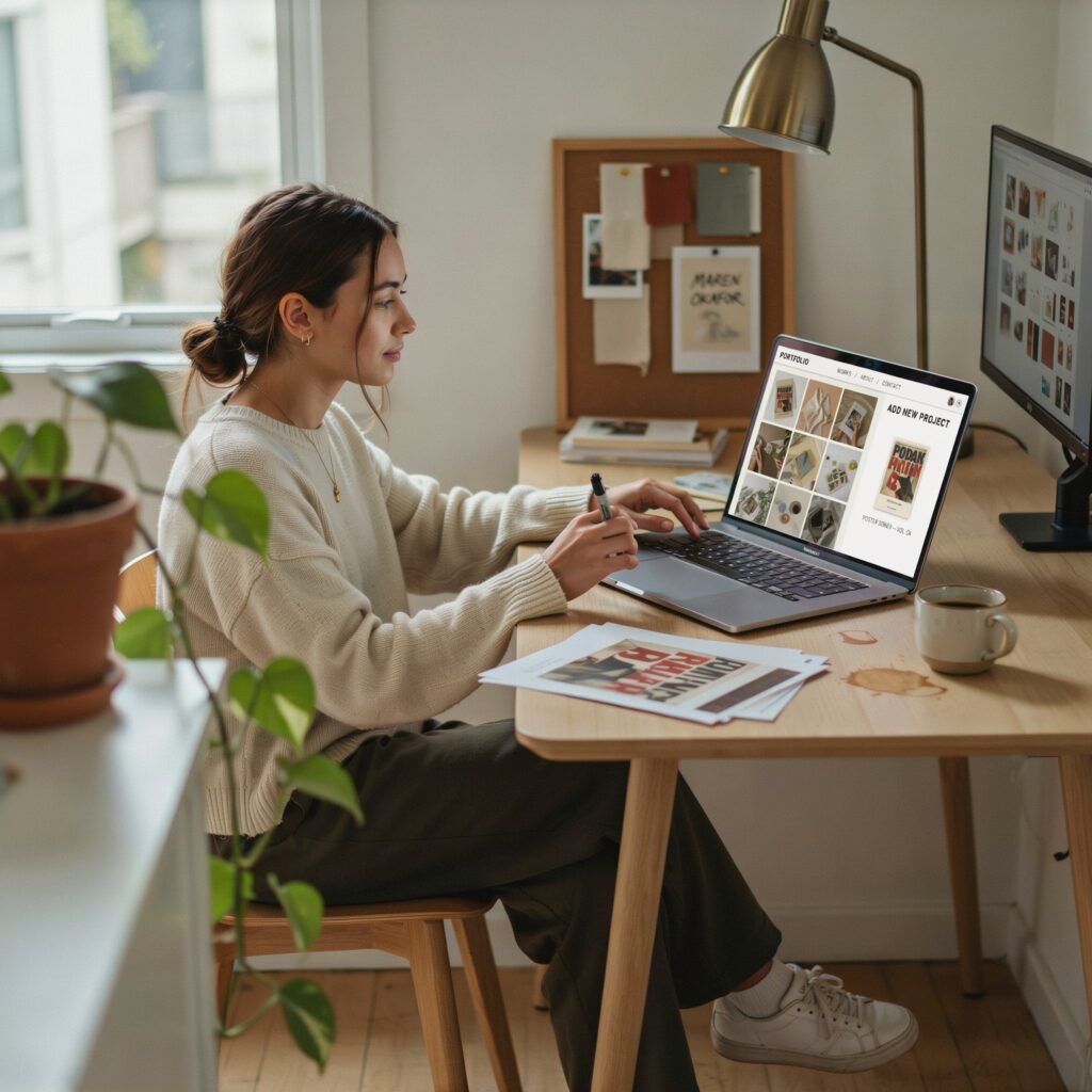Graphic designer updating portfolio with new projects
