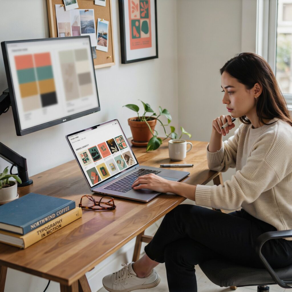 What is a graphic design portfolio example displayed on a laptop