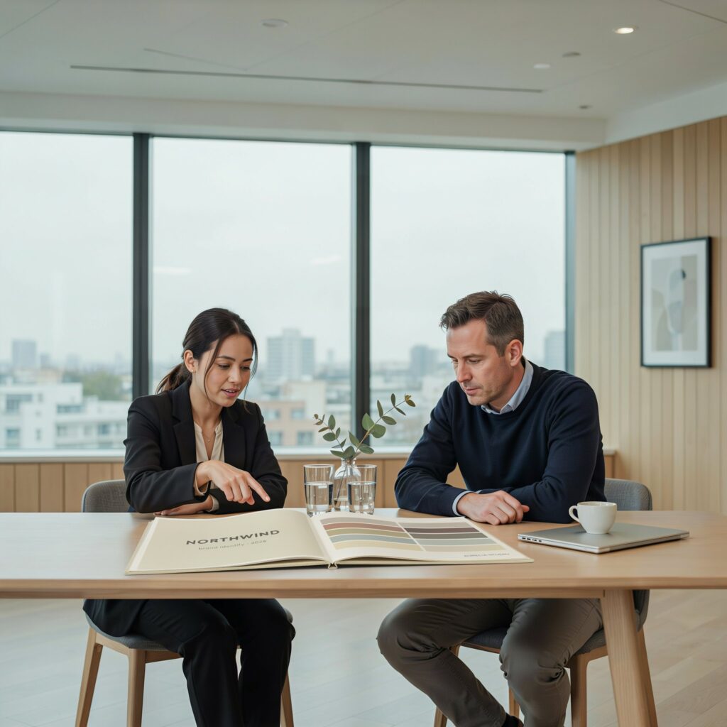Graphic designer showcasing portfolio to potential client
